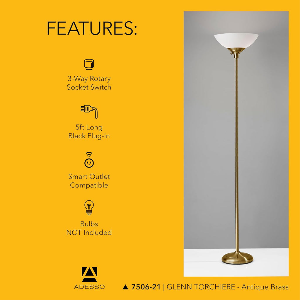 Antique Brass Torchiere Floor Lamp with Frosted White Shade