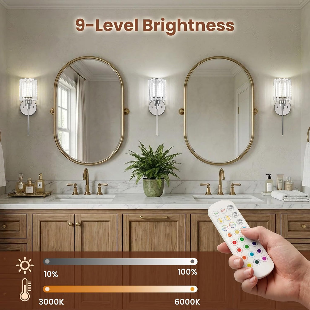 2-Pack Crystal Battery Operated Wall Sconces, Chrome Rechargeable Wireless Wall Sconce Lights with Dimmable Bulbs and Remote, 12 Colors and 3CCT Dimmable Crystal Lamps for Living Bedroom Dining
