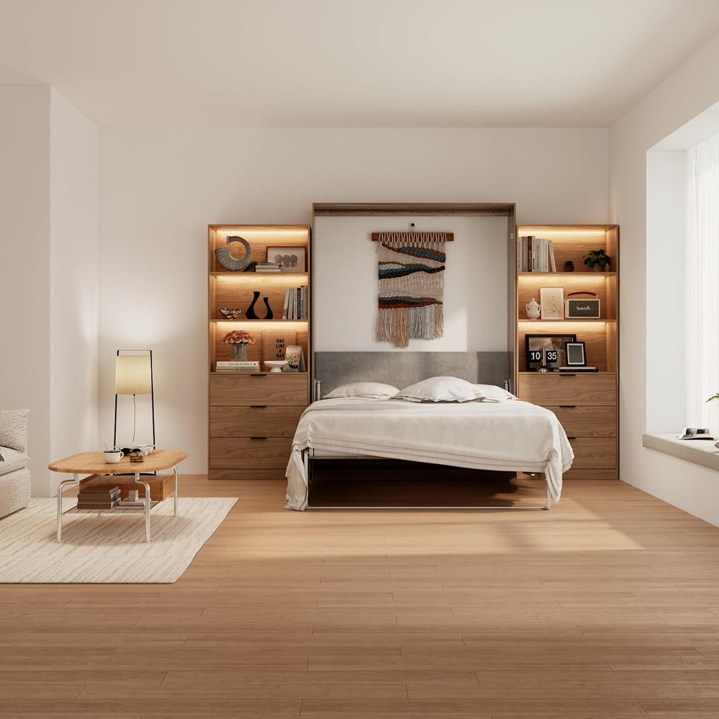 Queen Murphy Bed,Farmhouse Guest Beds,Folding Wall Bed with Hydraulic Bar,64" W Twin Murphy Beds with 2 LED Storage