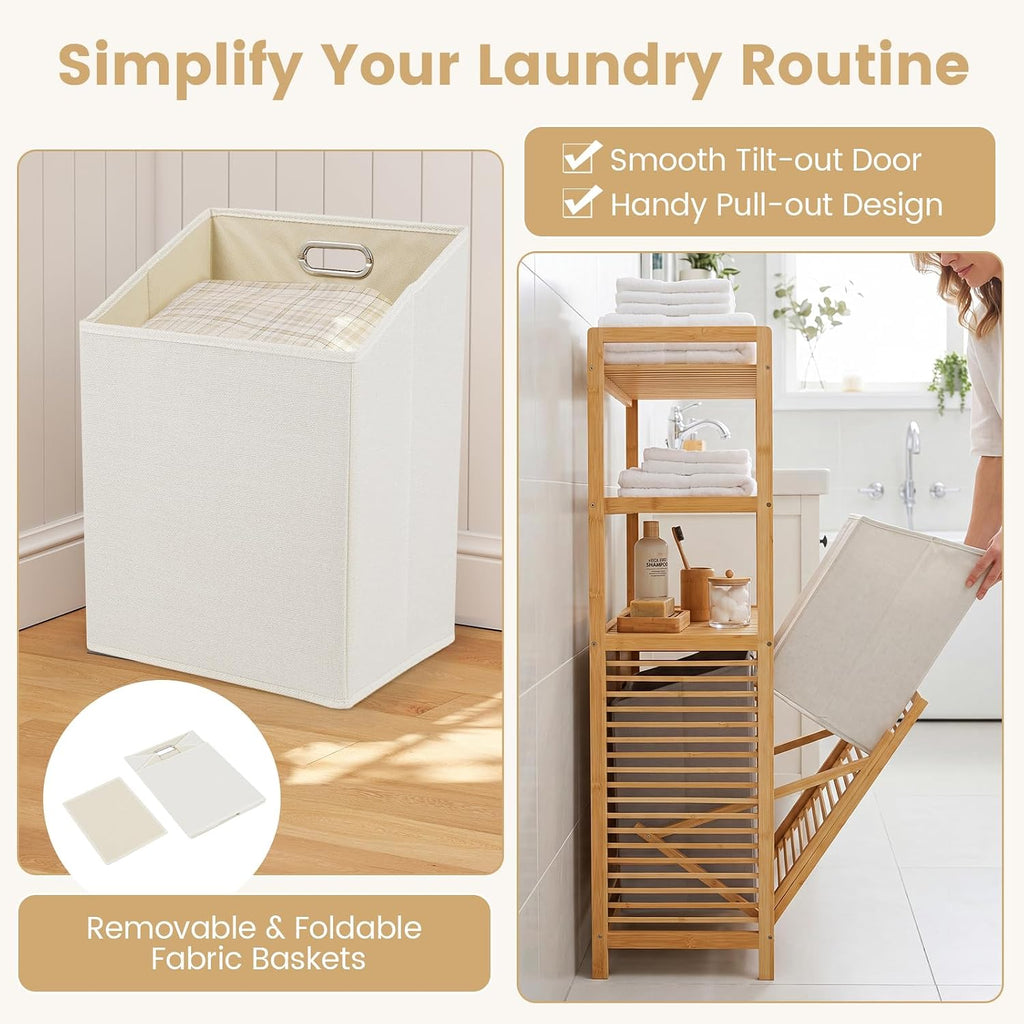 Double Tilt Out Laundry Hamper with 3-Tier Storage Shelf | 14 Gal Bamboo Laundry Storage Cabinet w/Removable Laundry