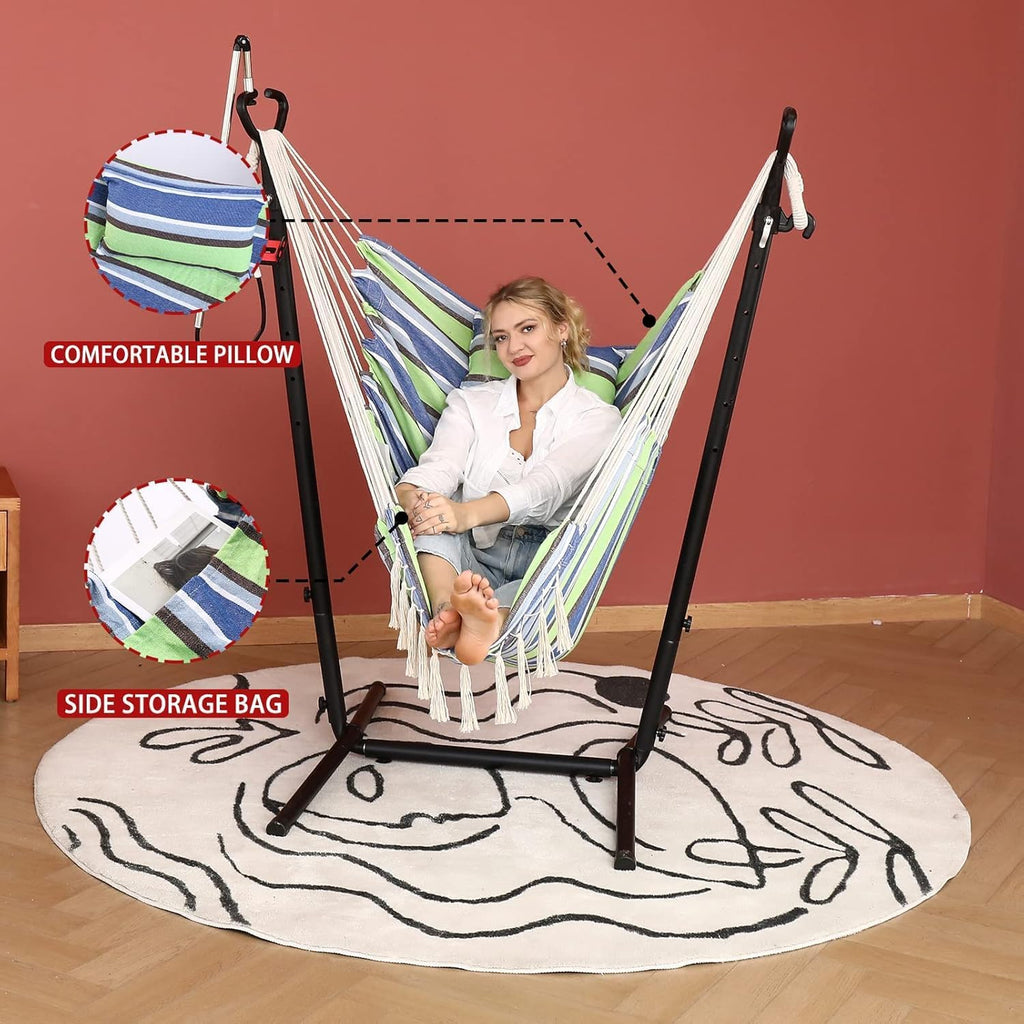 Hammock Chair with Stand Double Hammock Chair Bohemian Style with Tassel Mobile Phone Support Manual Adjustable Swing
