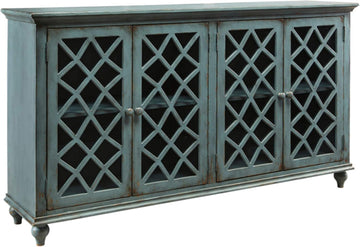 Mirimyn Vintage 69" 4-Door Accent Cabinet with Mirrored Glass and 2 Adjustable Shelves, Antique Blue
