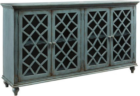 Mirimyn Vintage 69" 4-Door Accent Cabinet with Mirrored Glass and 2 Adjustable Shelves, Antique Blue