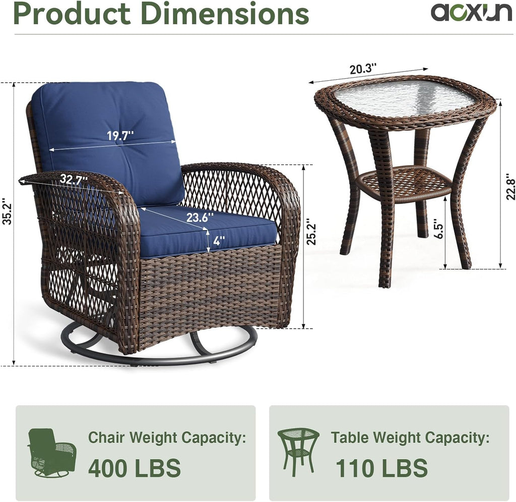 3 Pieces Patio Furniture Set, Patio Swivel Rocker Chairs Set of 2, Wicker Outdoor Bistro Set with Rocking Chair