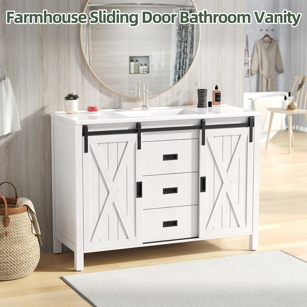 47.2 Inch Bathroom Vanity with Sink Combo, Farmhouse Sliding Barn Door Bathroom Vanity Cabinet