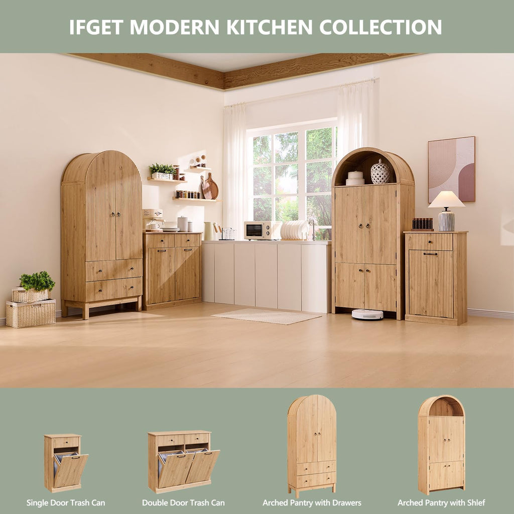 71" Tall Arched Kitchen Pantry, Modern Fluted Wood Storage Cabinet with Doors, 3 Adjustable Shelves, 6 Door Shelves