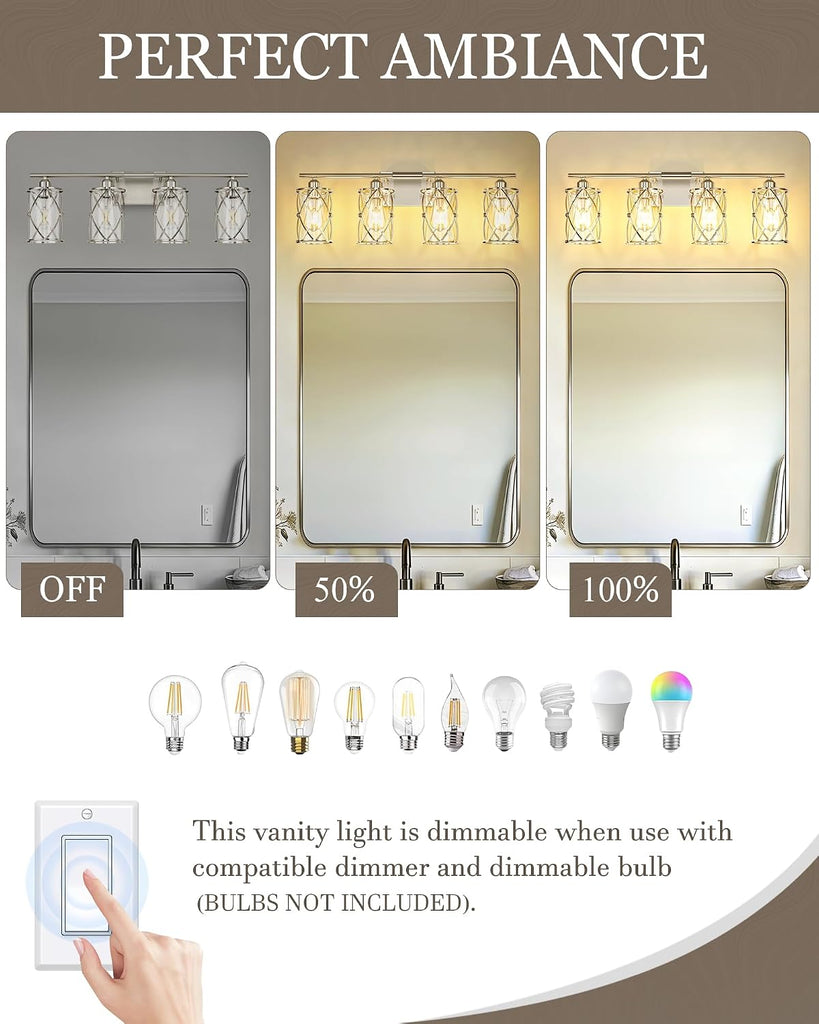 4-Light Brushed Nickel Bathroom Light Fixtures, 29 Inch Modern Bathroom Vanity Lighting Fixtures Over Mirror with