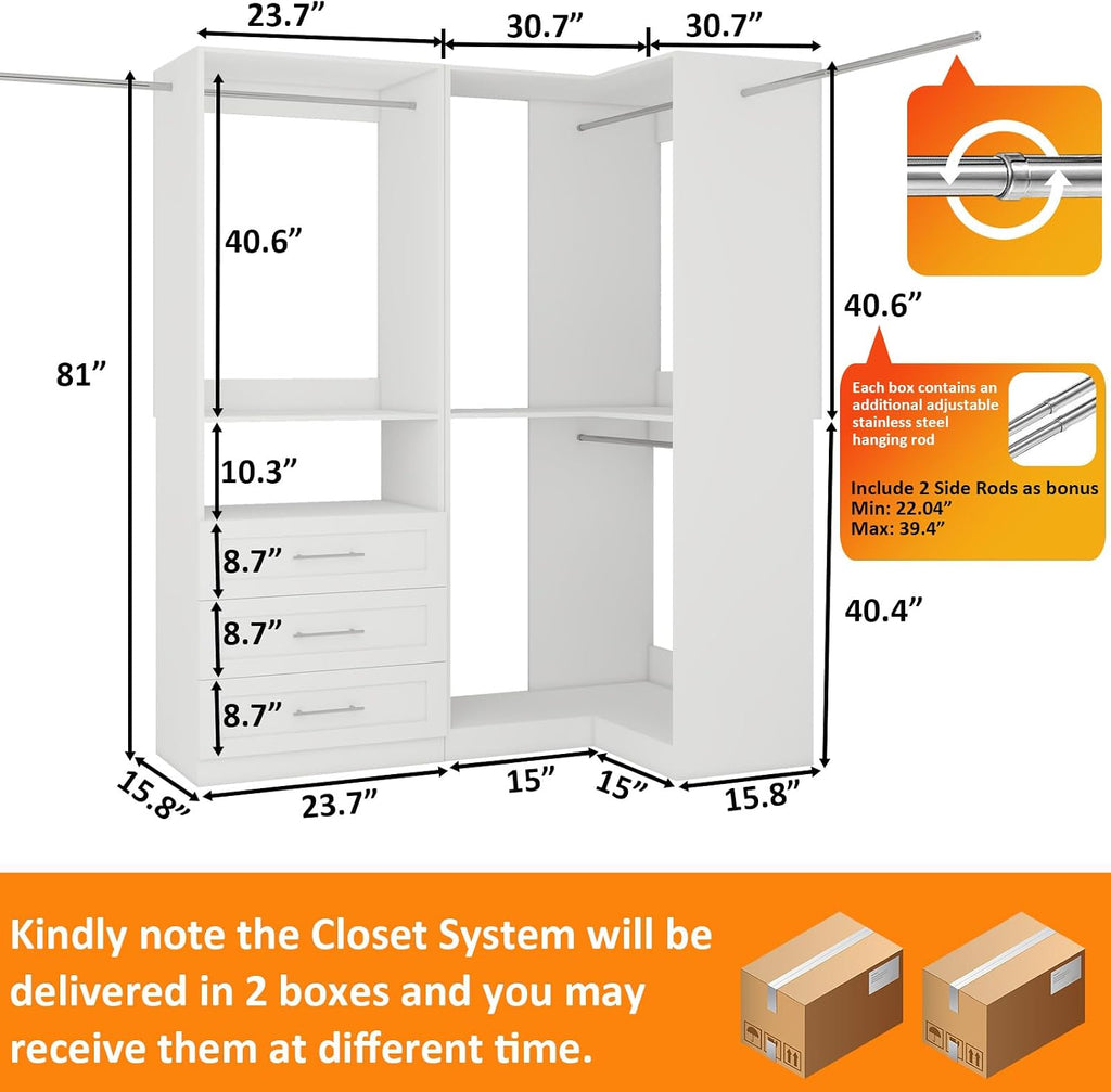 Closet System with 3 Wooden Drawers, 4.5-6FT Corner Closet Organizer System for Walk in Closet, Heavy Duty Modular