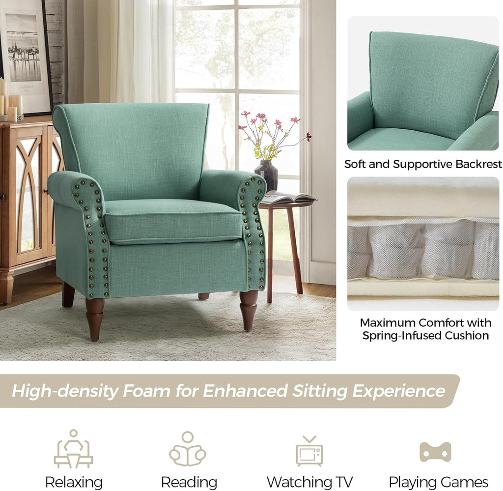 Accent Chair with Wood Legs & Removable Cushion, Modern Wingback Armchair with Nailhead Trim, Comfy Upholstered