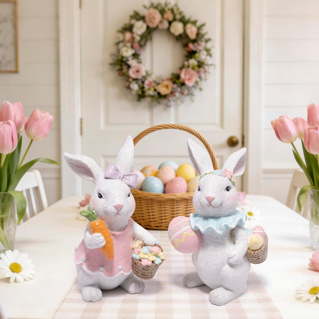Easter Bunny Figurines Set, Spring Rabbit Decor with Easter Eggs Basket, Floral Wreath Bunny Statues, Tabletop Home - Set of 2