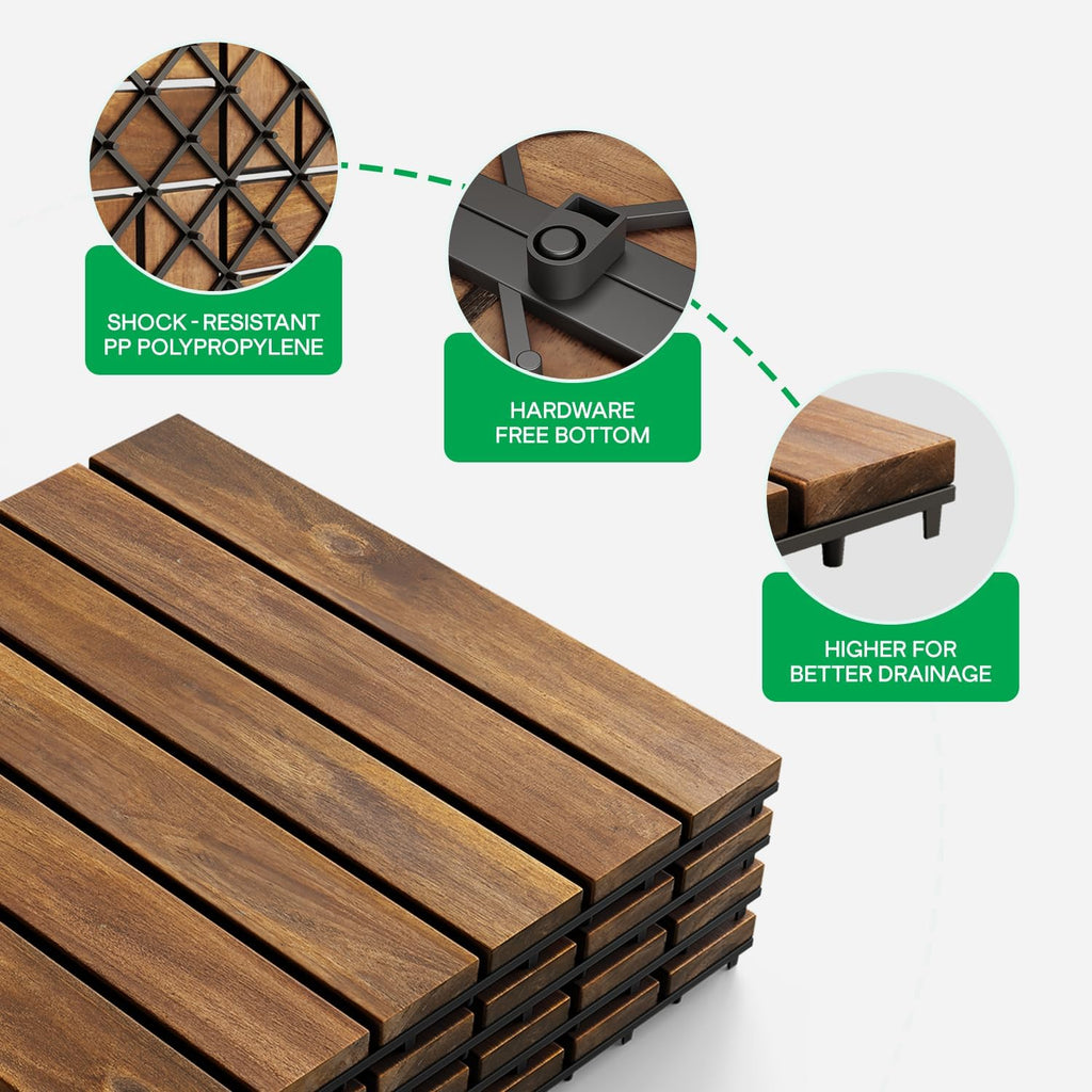 Interlocking Deck Tiles 9.6 SQFT - 10PCS Waterproof Acacia Wood Patio Tiles, Flooring Tiles for Indoor and Outdoor