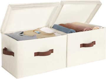 Fabric Storage Bins with Lid, Decorative Storage Boxes for Shelves, Stackable Closet Organizer Basket with Handles