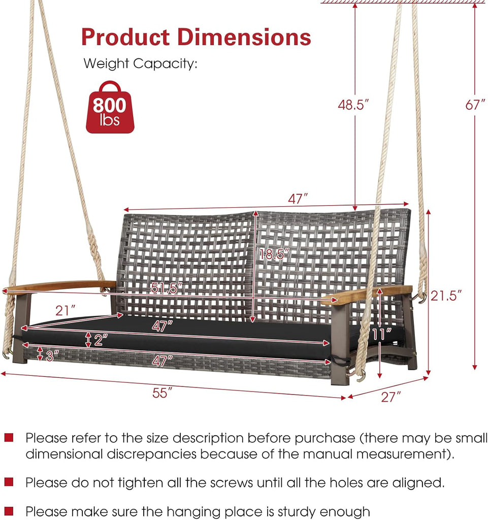 2-Person Outdoor Porch Swing with 118" Hanging Ropes, Patiojoy PE Wicker Patio Hanging Swing Bench with Soft Seat