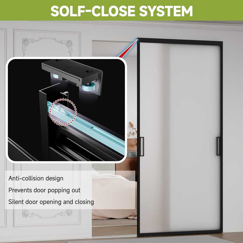40" x 87" Concealed Sliding Glass Barn Door with Soft Close Hardware Kit, 5/16" Frosted Tempered Gla