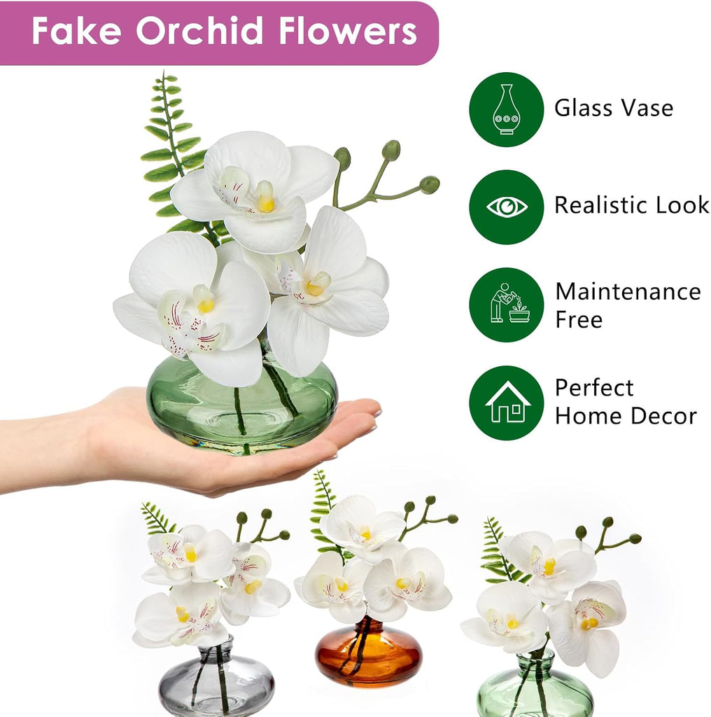 White Orchids Artificial Flowers Faux Orchids Arrangement in Light Green Glass Vases Set of 3 Real Touch Phalaenopsis