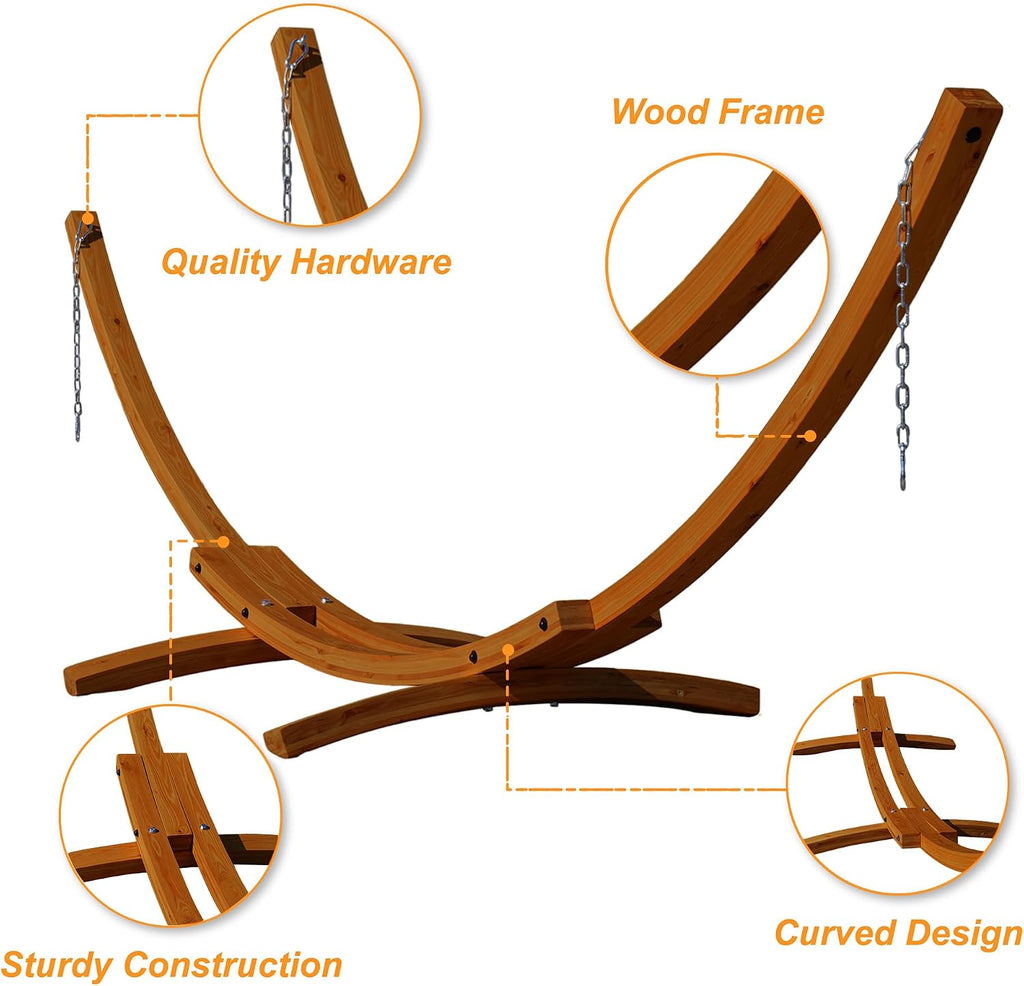 12 FT Double Quilted Fabric Hammock and 13 FT Brown Wood Arc Stand, with Spreader Bar, Removable Pillow, 2 Person