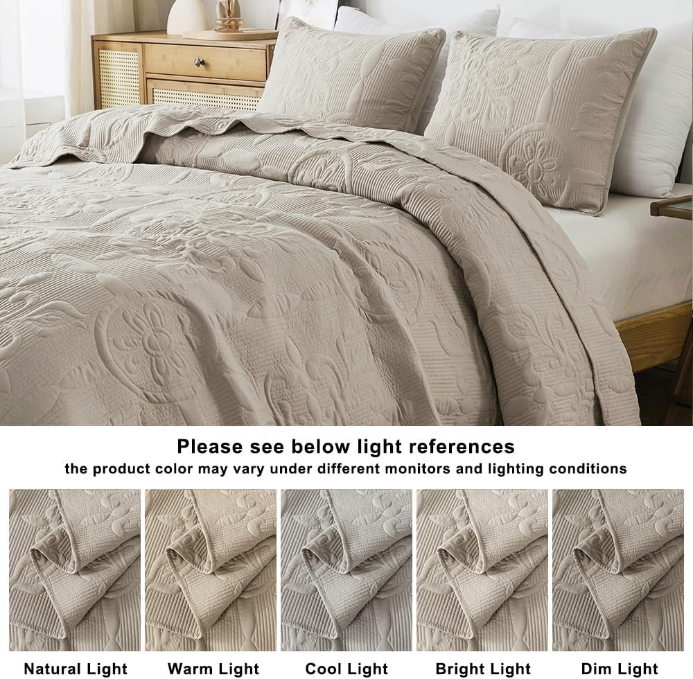 Beige Damask Quilt Bedding Sets with 2 Pillow Shams, Boho Bedspread Lightweight Soft Farmhouse Vintage Bohemian