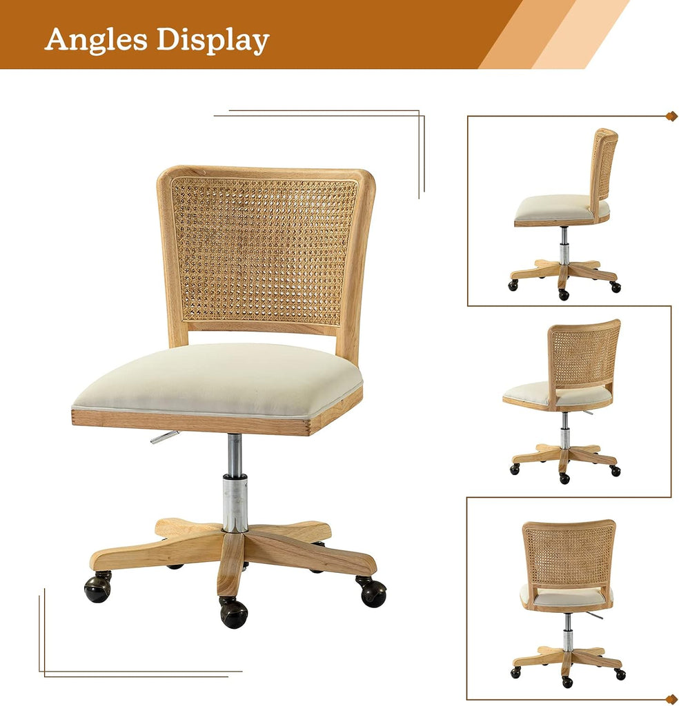 Modern Home Comfortable Upholstered Armless Desk Chair, Adjustable Swivel Rolling Computer Chair with Rattan Mid-Back