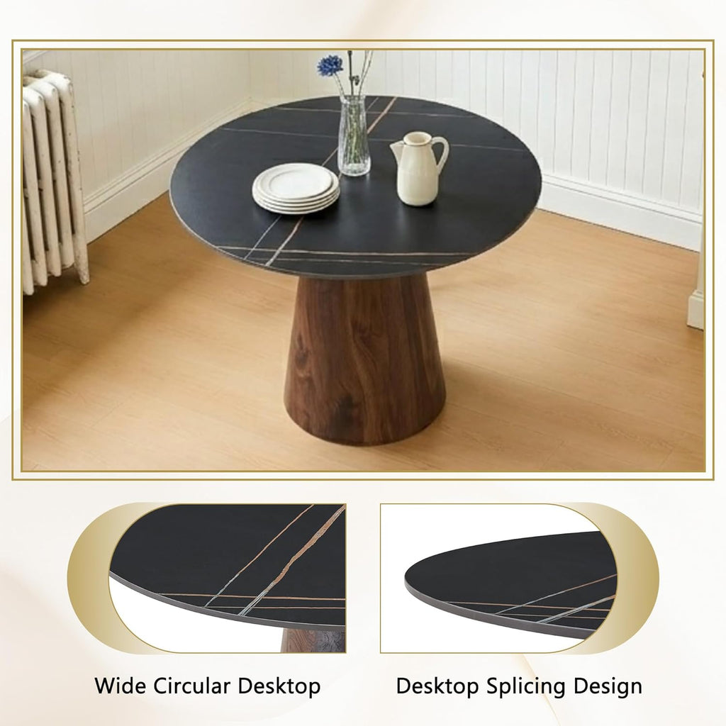 Faux Marble Round Dining Table for 4/5/6, 42" Modern Round Kitchen Table with Black Sintered Stone Top and Walnut