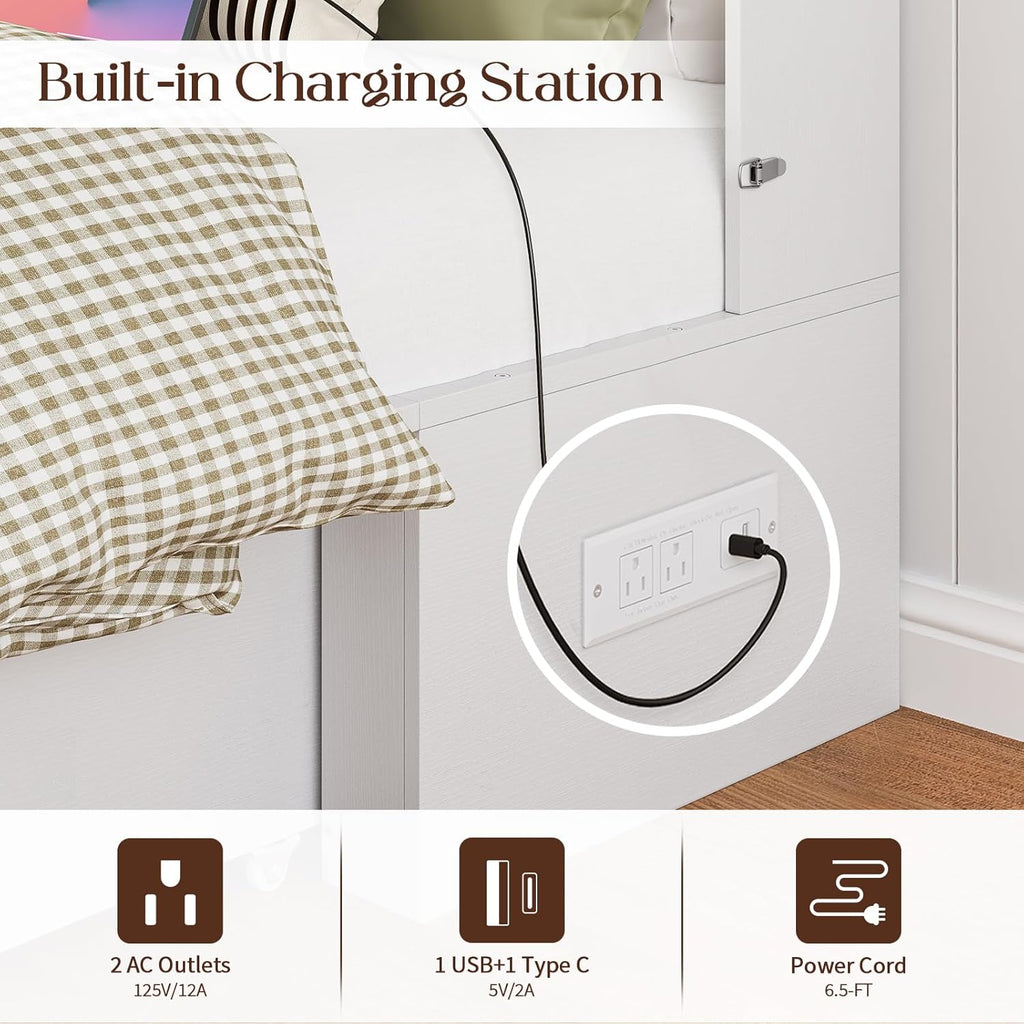 Queen Murphy Bed with Charging Station - Rattan Queen Bed Frame with Storage Drawers, Wood Cabinet Beds for Guest