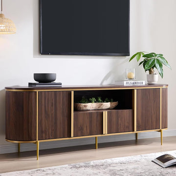 70" Fluted TV Stand with Storage, Faux Marble Top Entertainment Center for TVs Up to 80", Modern Curved Edge Media