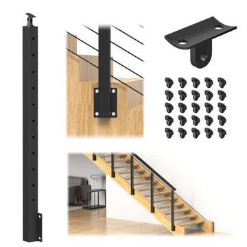 36", Stainless Steel Left Side 25-35 Degrees Stair Post w/Cable Grommets, Space-Saving Fascia Mount Deck Stair