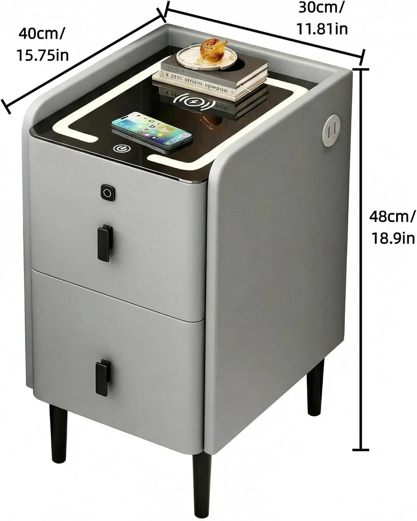 Smart Nightstand with Fingerprint Lock Drawers, Wireless Charging Support, Dual-Drawer Design, 2 USB Ports, and LED