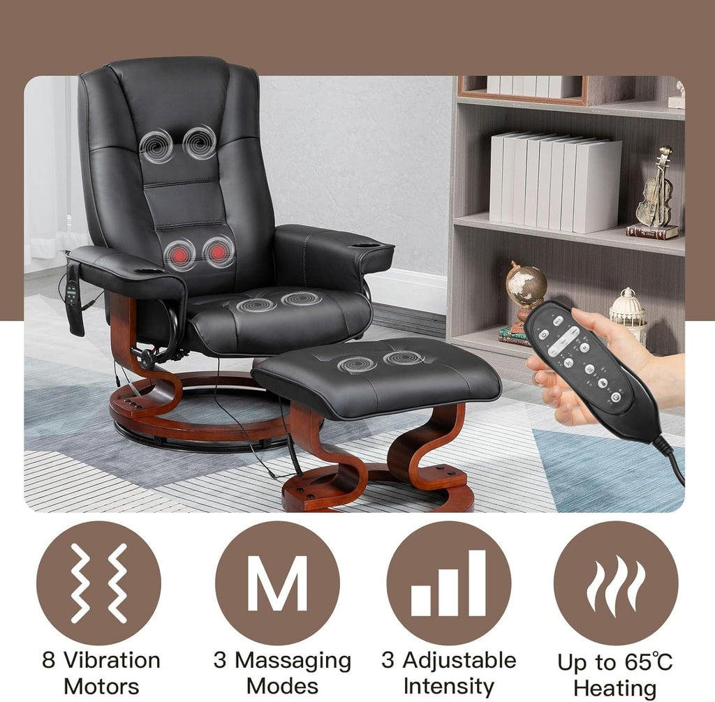 Modern Reclining Swivel Lounge Chair and Ottoman — Black Faux Leather