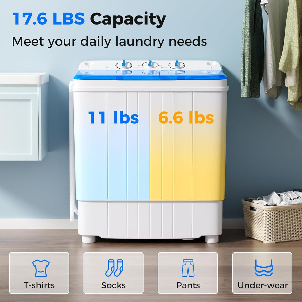 Portable Washing Machine, 17.6lbs Compact Washer Spinner Combo with Pump Drain, Twin Tub 11lbs Wash & 6.6lbs Spin