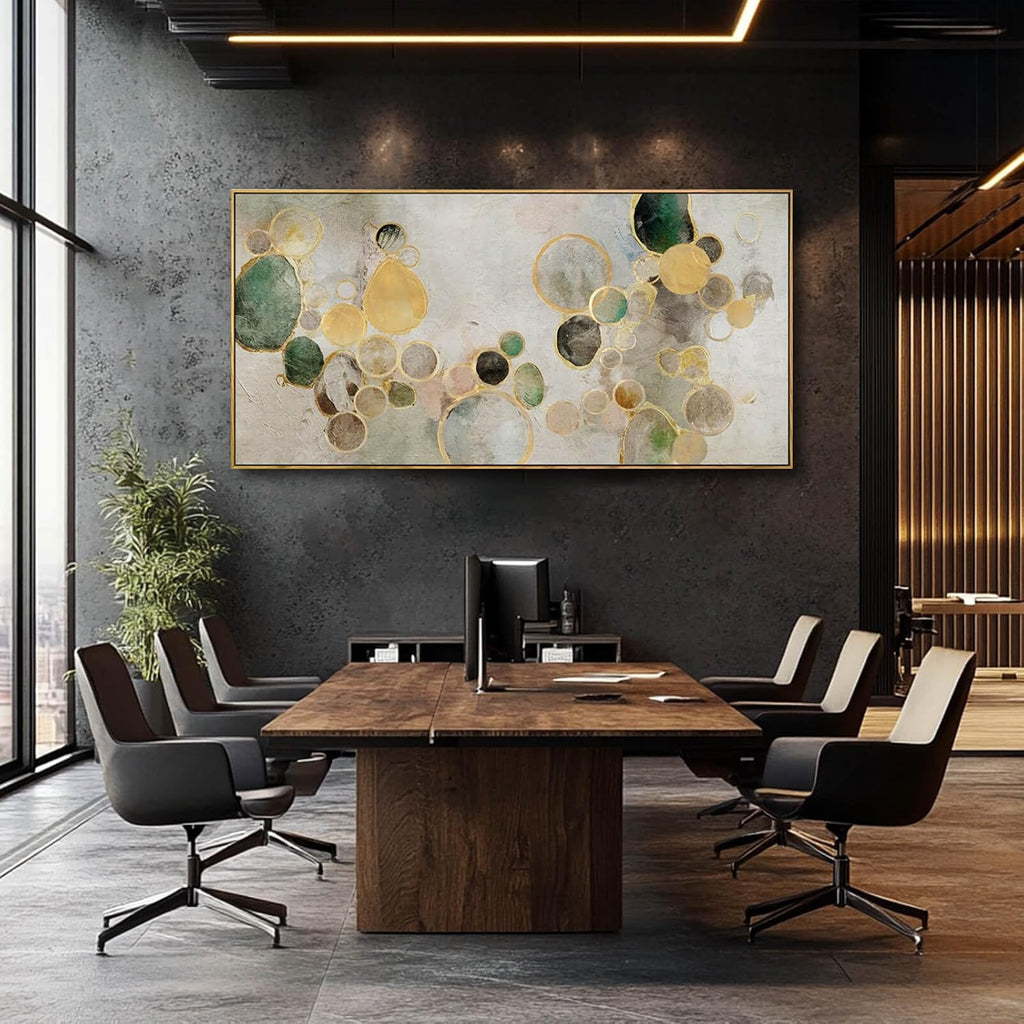 Abstract Canvas Wall Art Gold Circle Painting Green Artwork Framed Wall Prints Office Wall Decor Colorful