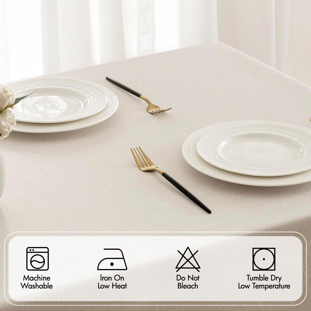 Beige Rectangle Linen Polyester Tablecloth with Decorative Cutouts Spring Waterproof Stain Resistant