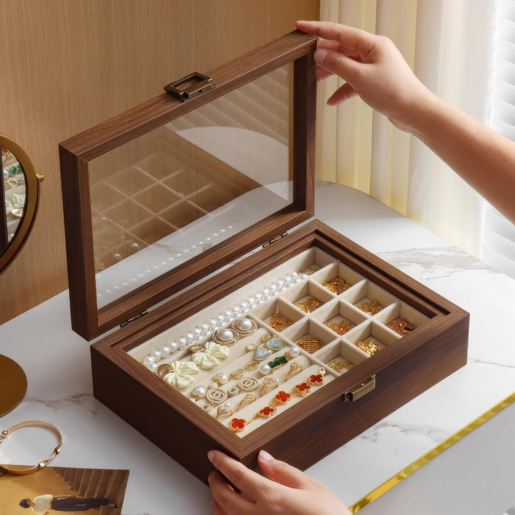 2-Layer Glass Lid Walnut Jewelry Box,Wooden Jewelry Organizer