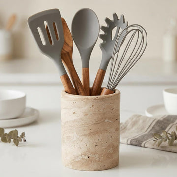Natural Travertine Utensil Holder Countertop - Heavy & Stable Real Stone Utensil Crock, Large Spoon & Spatula