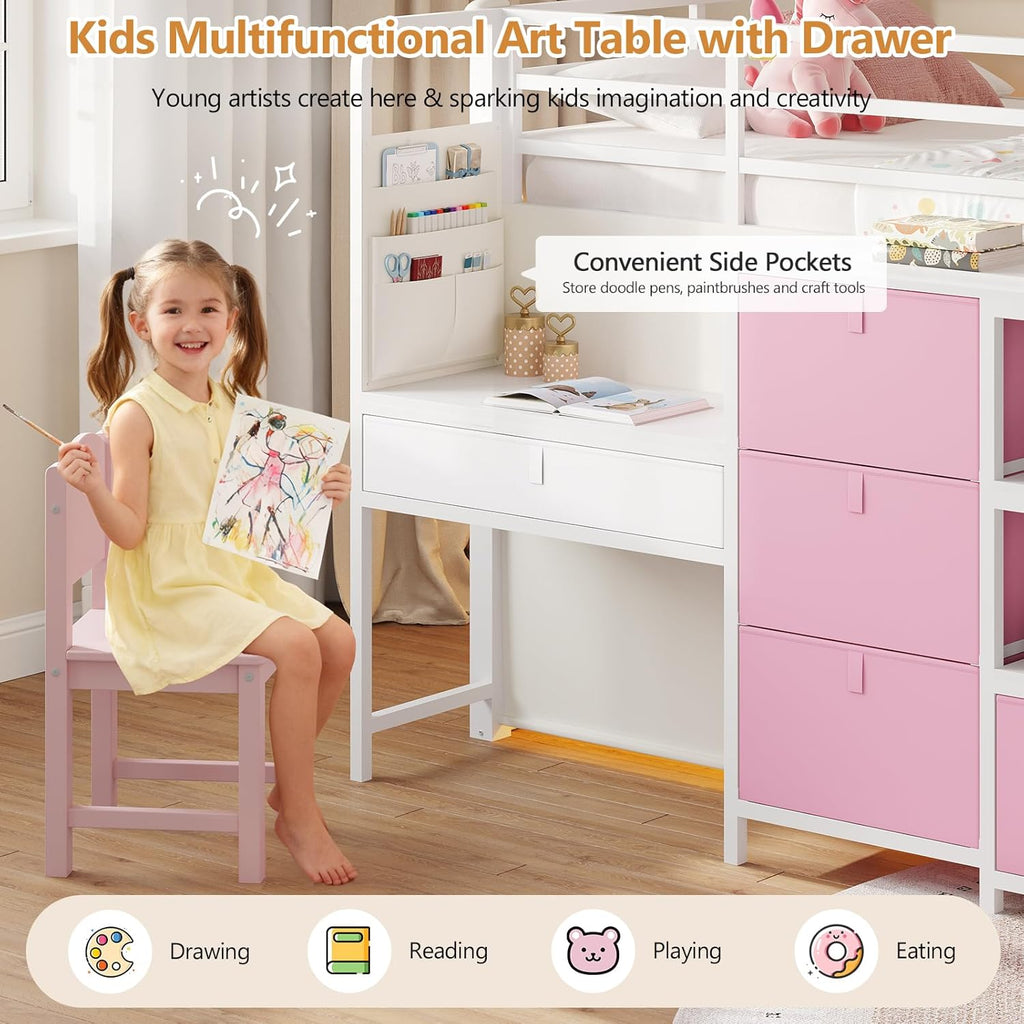 Low Loft Bed with Desk and 6 Storage Drawers Twin Loft Bed with Bookshelf,LED Lights & Under-Bed Play Space,Kids Twin