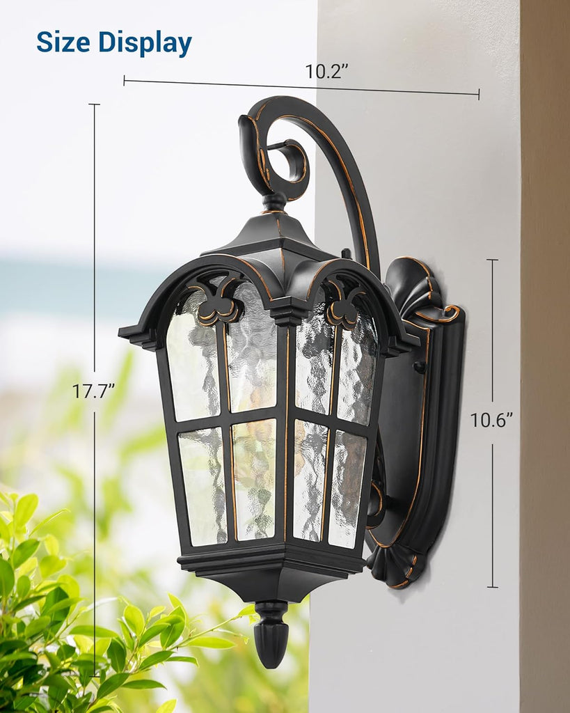 Outdoor Wall Light Fixtures, Black Roman 17.7" H Exterior Wall Lantern, Anti-Rust & Waterproof, Water Ripple Glass