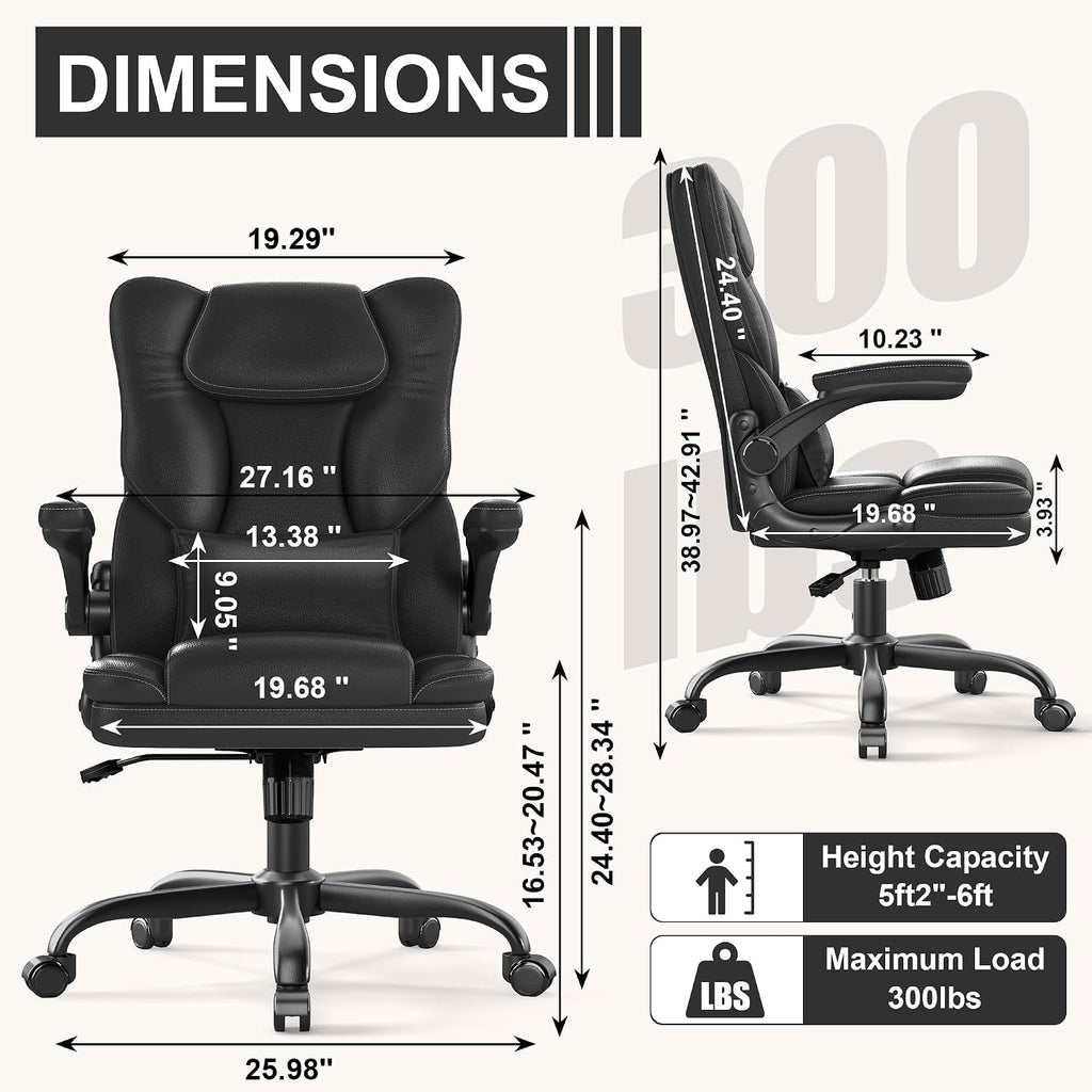 Ergonomic with Flip-Up Armrests, Mid Back Executive PU Leather Desk Chair, Height Adjustable with Lumbar Support
