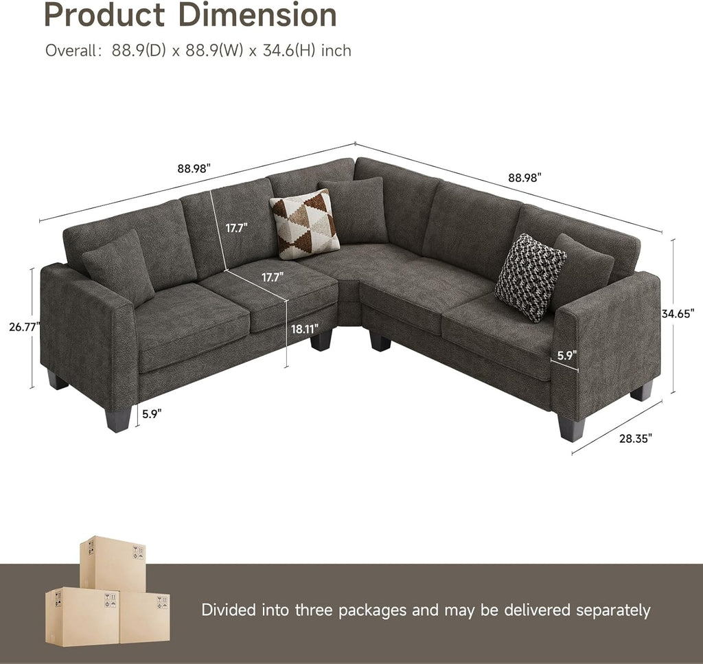 L Shaped Couch, Small Corner Sectional Sofa for Living Room, Comfy Chenille L Shape Sofa with 3 Throw Pillows