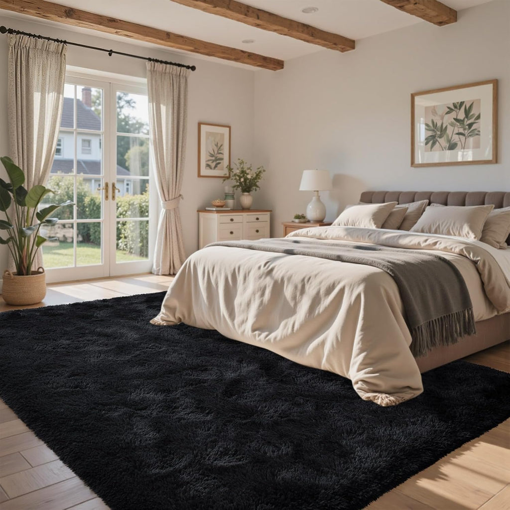 5x7 Black Area Rugs, Large Fluffy Shag Bedroom Rugs Non-Slip, Ultra Soft Plush Carpet Kids PlayRoom Dorm Office