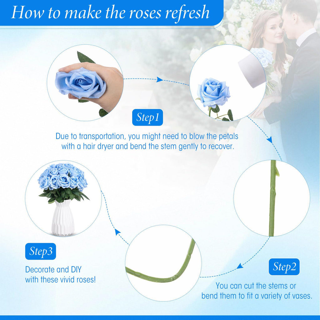 40 Pcs Artificial Roses Bulk, Long Stem Fake Flowers, Light Blue