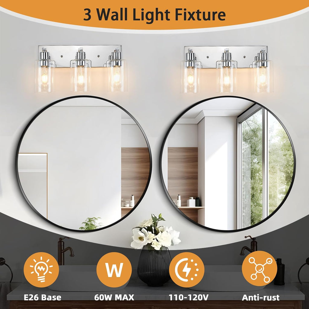 3 Lights Bathroom Light Fixtures Chrome Vanity Light with Clear Glass Shade 18in Modern Bathroom Lighting Fixtures