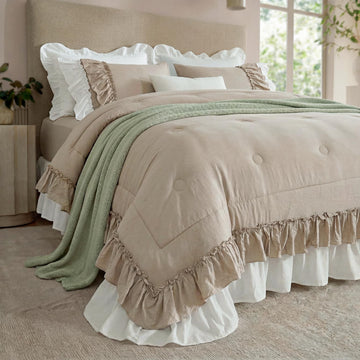 Taupe and White Two-Tone Ruffle Comforter Set, 3 Pieces Shabby Chic Farmhouse Bedding, Soft Microfiber Comforter