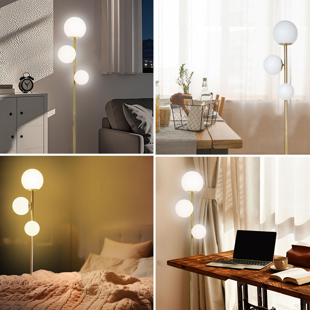 Mid Century Gold Floor Lamp - Dimmable, Remote & Touch, 3-Light