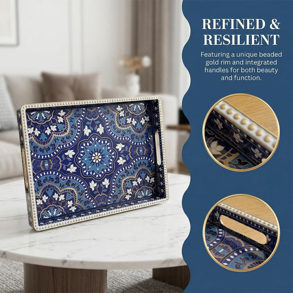 Boho Serving Tray with Handles, Large Rectangular Decorative Ottoman Tray with Gold Beaded Rim, Blue Floral Mandala
