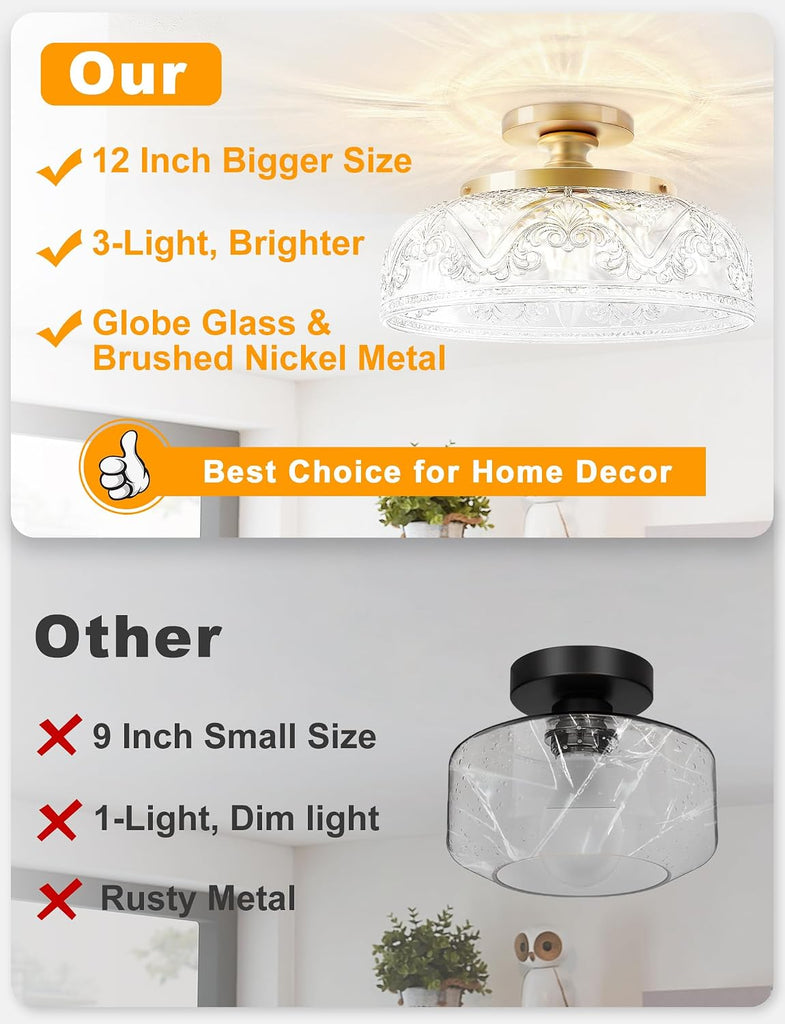 Semi Flush Mount Ceiling Light, 12 Inch Large Gold Ceiling Light Fixture, 3-Light Globe Glass Farmhouse Kitchen