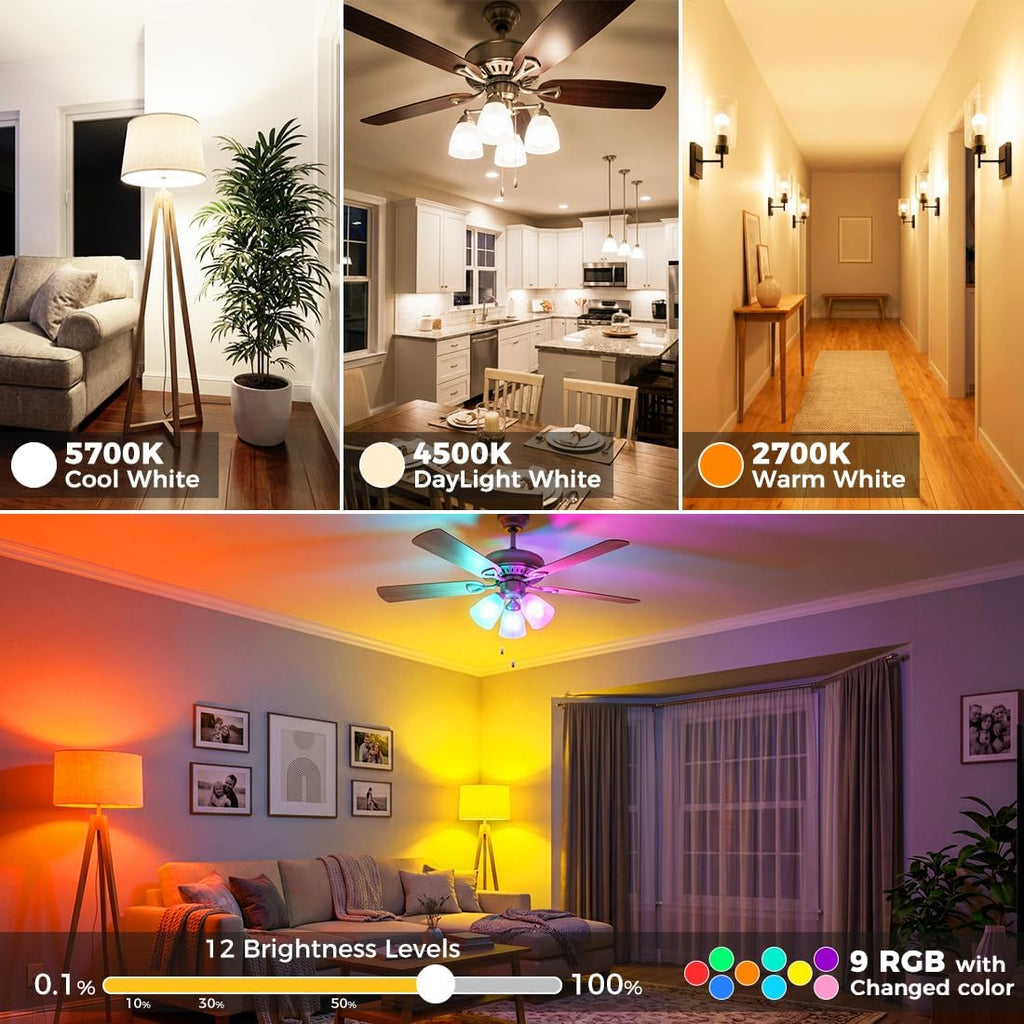 Led Light Bulb, 12W, 120 Watt Equivalent, 2700K/4500K/5700K 3CCT, 9 RGB Colors, Color Changing Light Bulb with Remote (4 Pack)