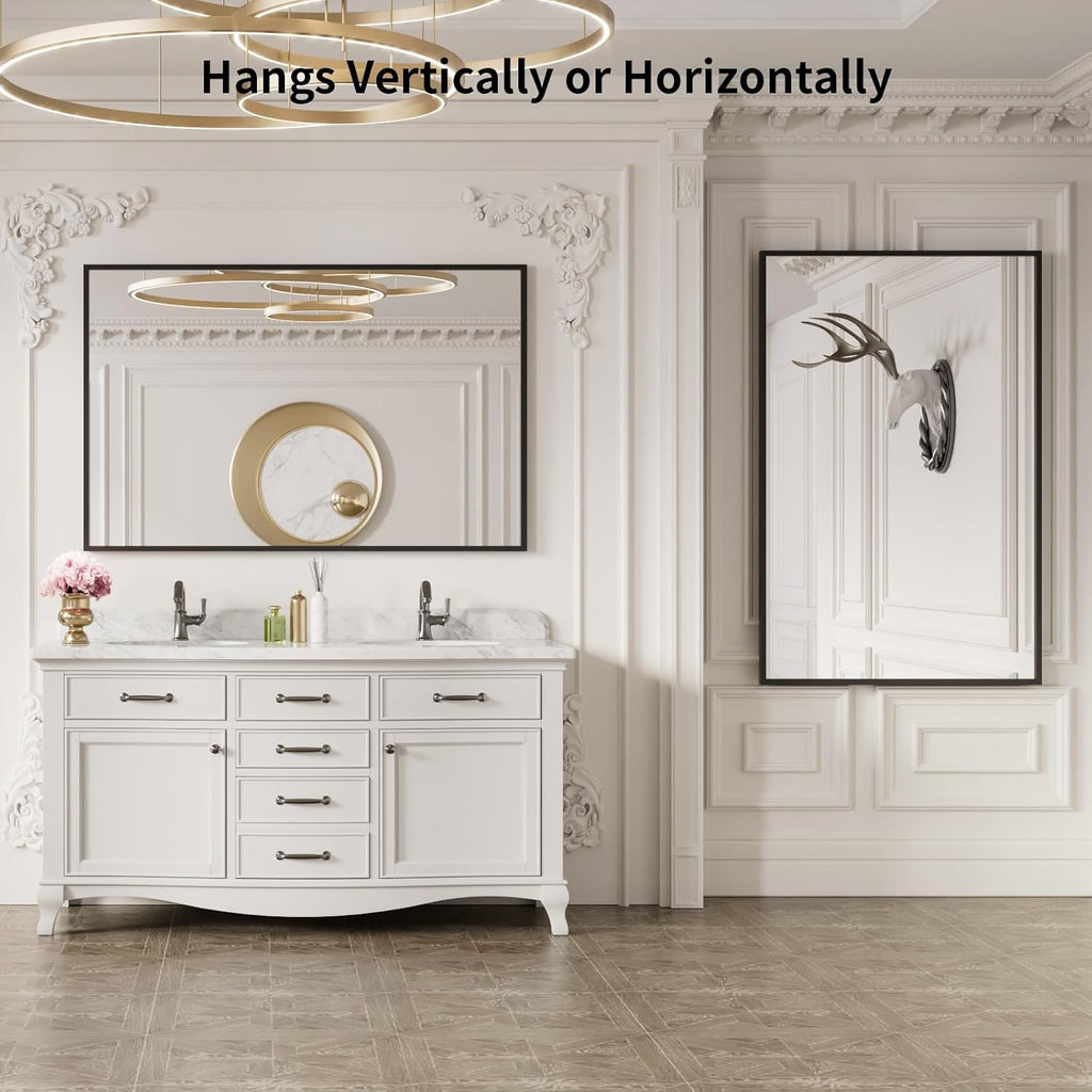 40"X30" Black Rectangle Bathroom Mirror Wall, Matte Black Aluminum Alloy Frame, Tempered Glass, Hangs Vertically or