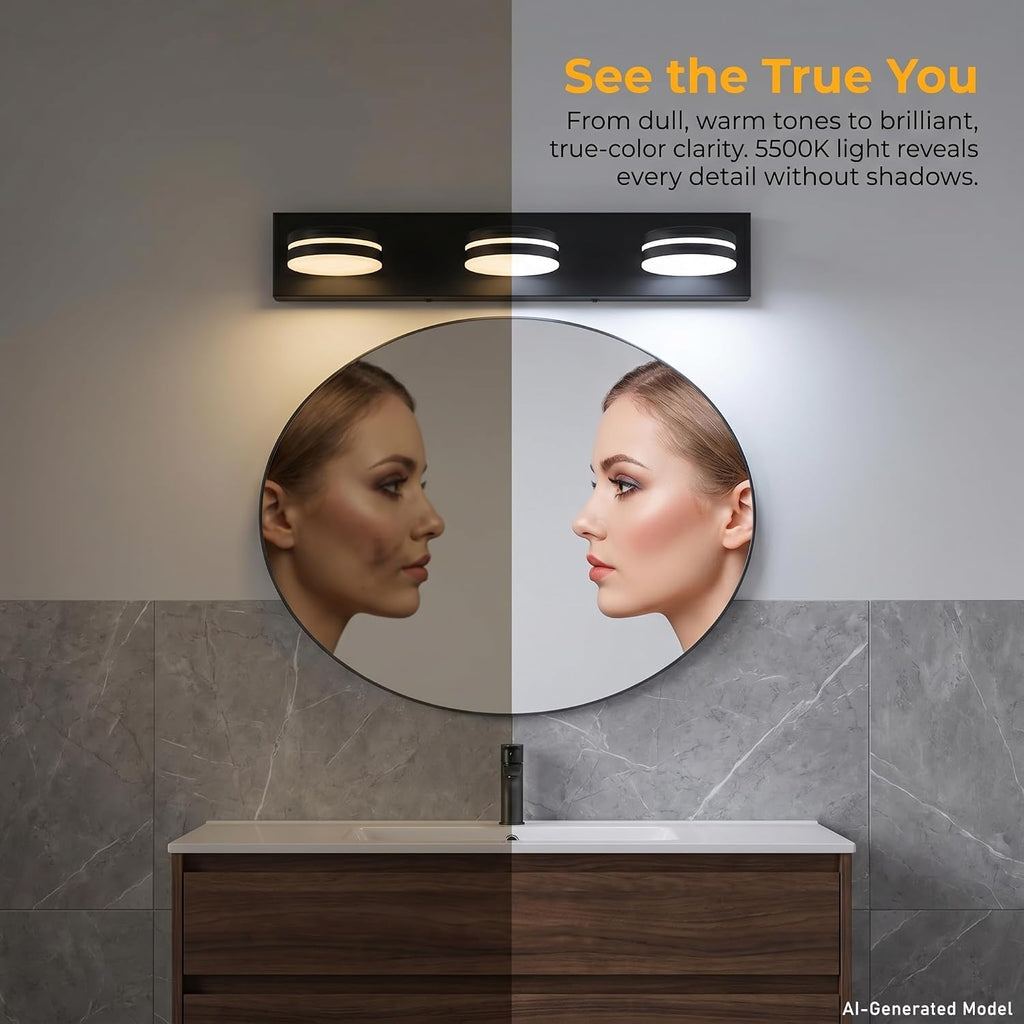 3-Light Bathroom Vanity Light Over Mirror, (24inch Dimmable) Matte Black LED Vanity Lighting Fixtures, Modern