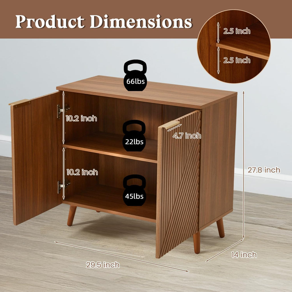 Fluted Brown Wood Sideboard Buffet Storage Cabinet with Doors | Adjustable Shelf, Modern Accent Table, Sturdy Frame