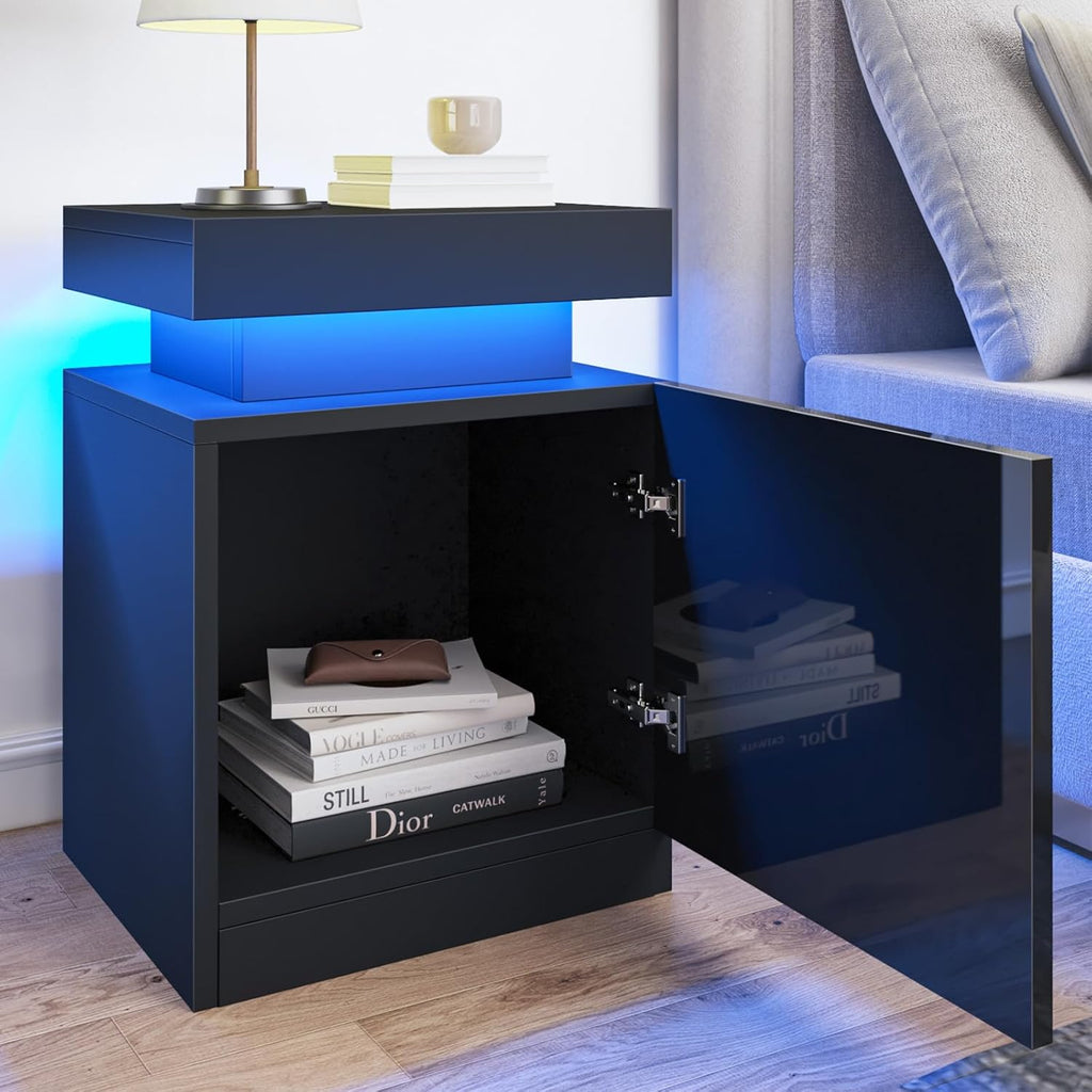 Nightstand Set of 2 with LED Lights, 24in Tall Night Stand with Storage Cabinet , Bedside Table with LED (Black