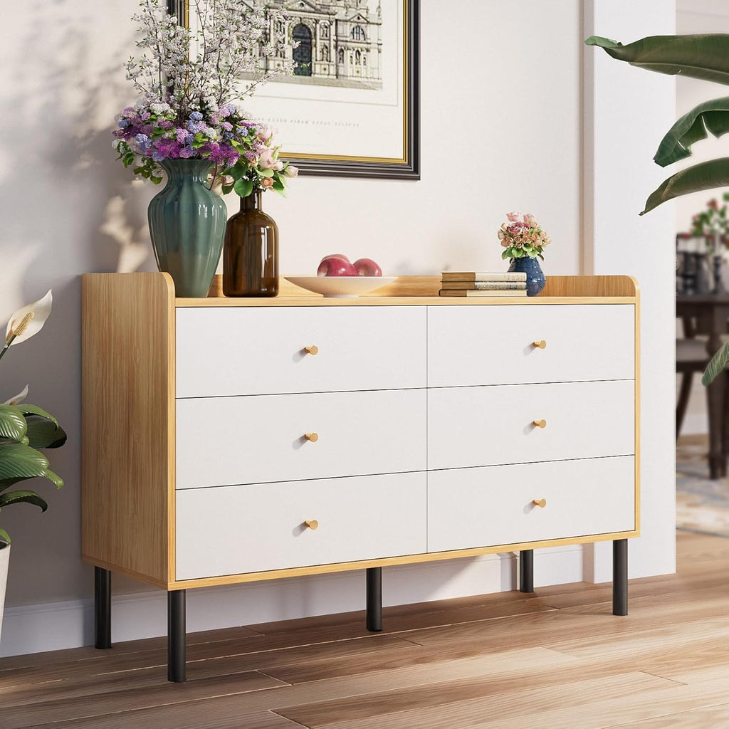 Dresser , 6 Drawer Natural Wood Dresser with Wide Drawer and Metal Handles, Modern Dressers & Chests of Drawers